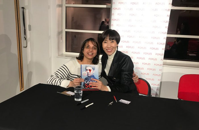 Korea.net Honorary Reporter Diya Mitra (left) poses for a photo with Korean novelist You-Jeong Jeong after a book launch event for <I>The Good Son</i> in London.
